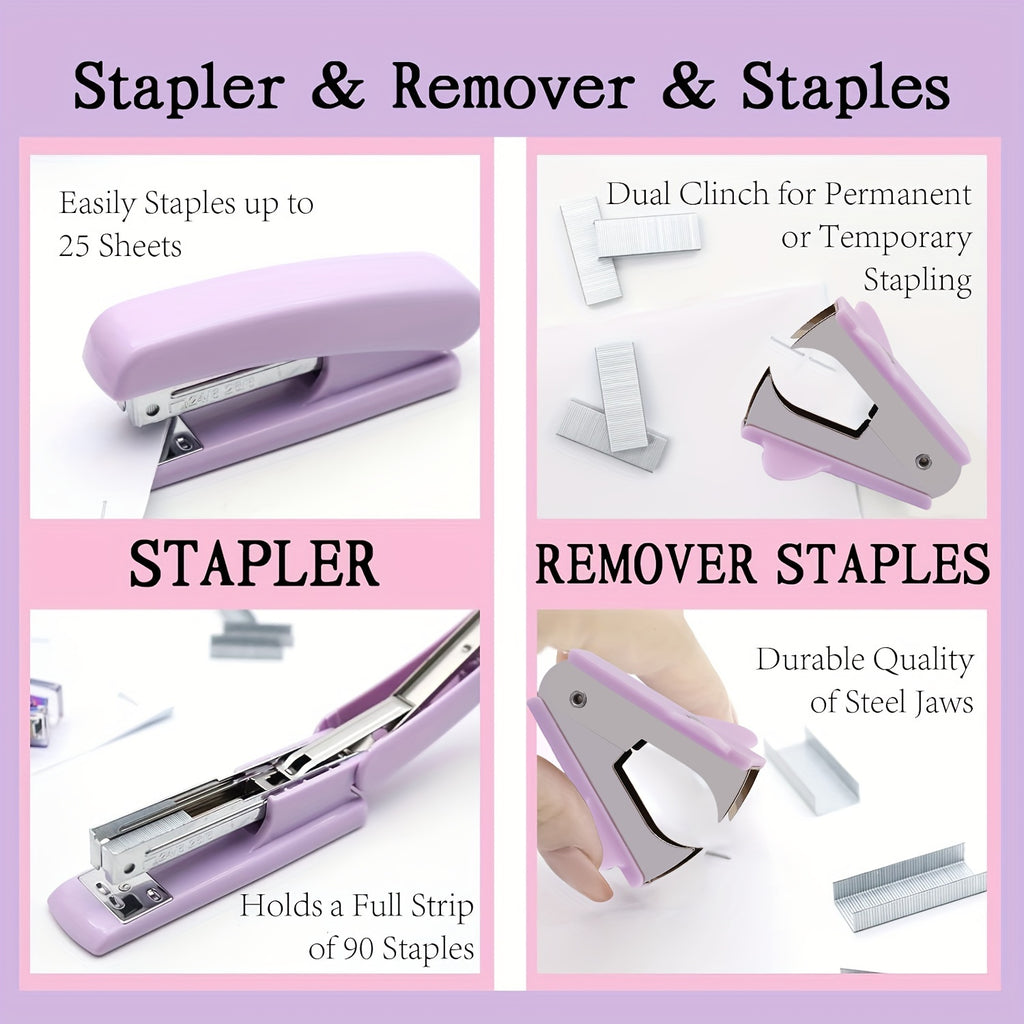 Green Office Supplies, Desk Accessories, Stapler And Tape Dispenser Set For Women With Stapler, Tape Dispenser, Staple Remover, Staples, Clips, Scissor And Tabs For Students, Office Clerks