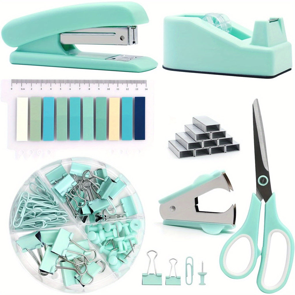 Green Office Supplies, Desk Accessories, Stapler And Tape Dispenser Set For Women With Stapler, Tape Dispenser, Staple Remover, Staples, Clips, Scissor And Tabs For Students, Office Clerks