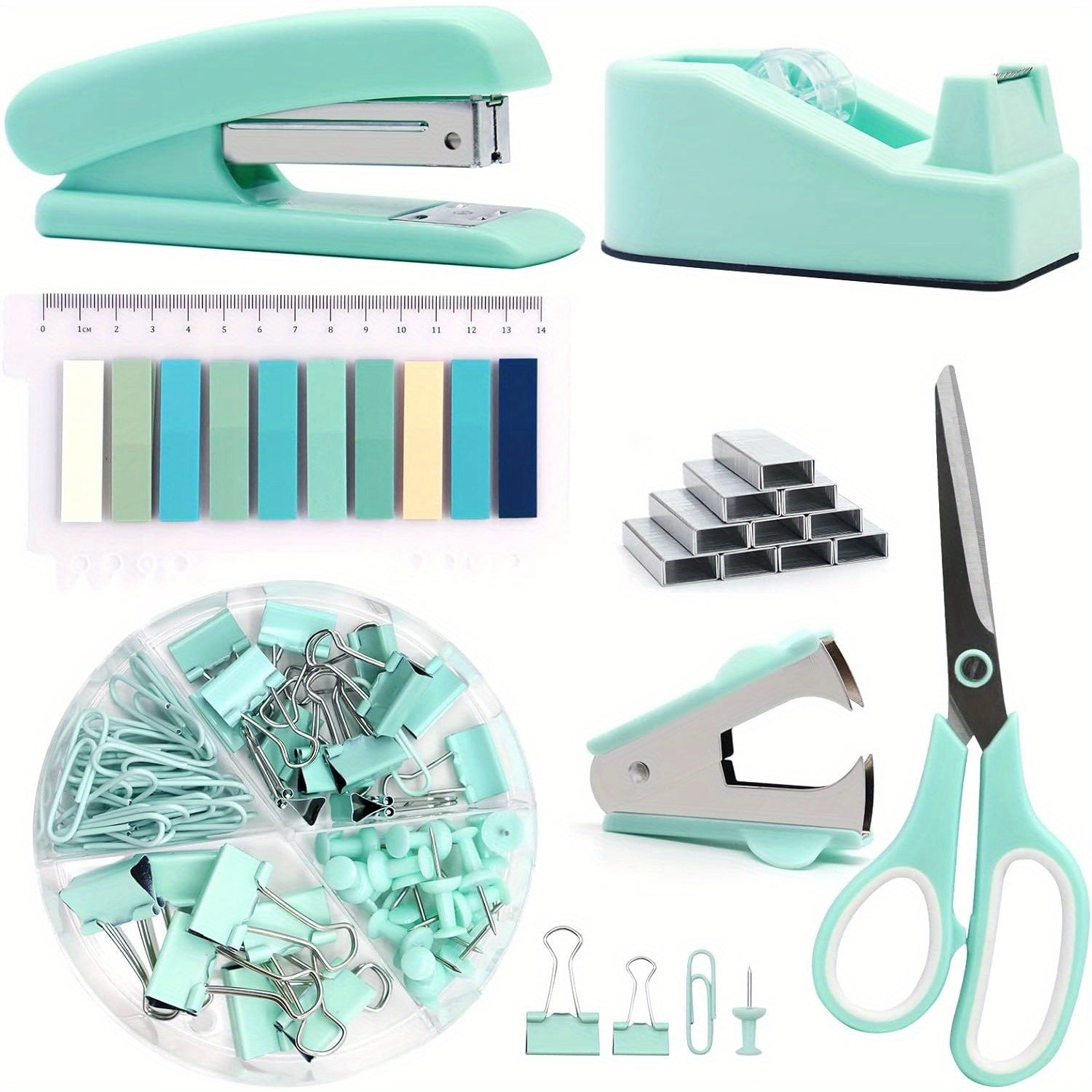 Green Office Supplies, Desk Accessories, Stapler And Tape Dispenser Set For Women With Stapler, Tape Dispenser, Staple Remover, Staples, Clips, Scissor And Tabs For Students, Office Clerks