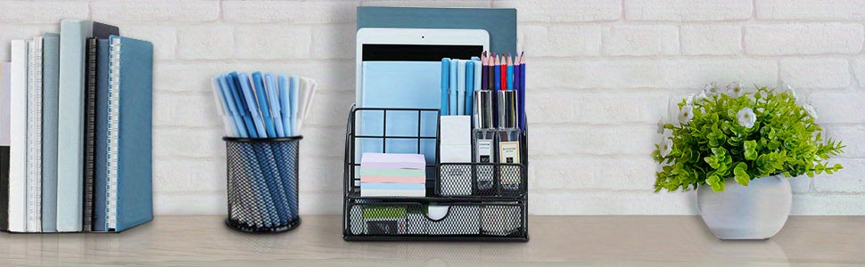 vedett Office Desk Organizer with 6 Compartments + Pen Holder/72 Accessories, Desk Accessories Organizers for Office, Home, School (Black)