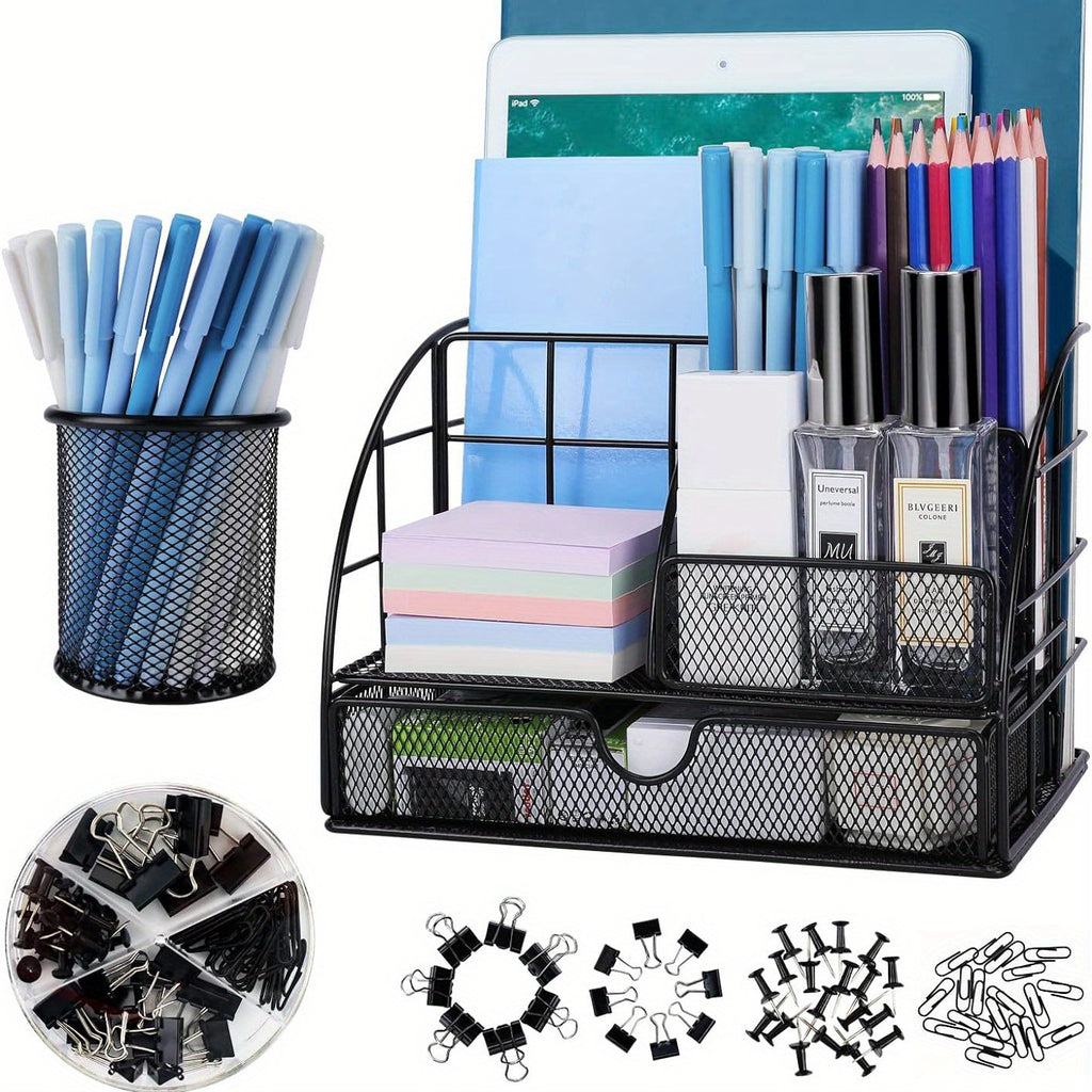 vedett Office Desk Organizer with 6 Compartments + Pen Holder/72 Accessories, Desk Accessories Organizers for Office, Home, School (Black)