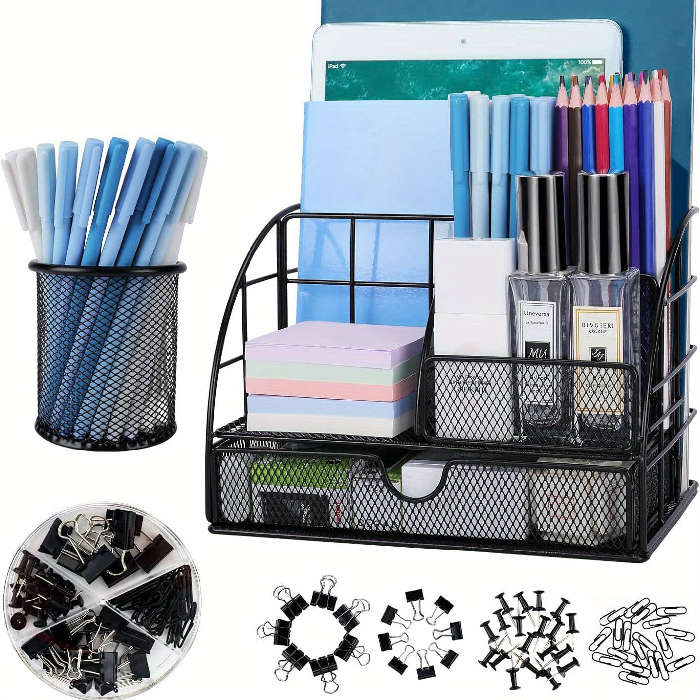 vedett Office Desk Organizer with 6 Compartments + Pen Holder/72 Accessories, Desk Accessories Organizers for Office, Home, School (Black)