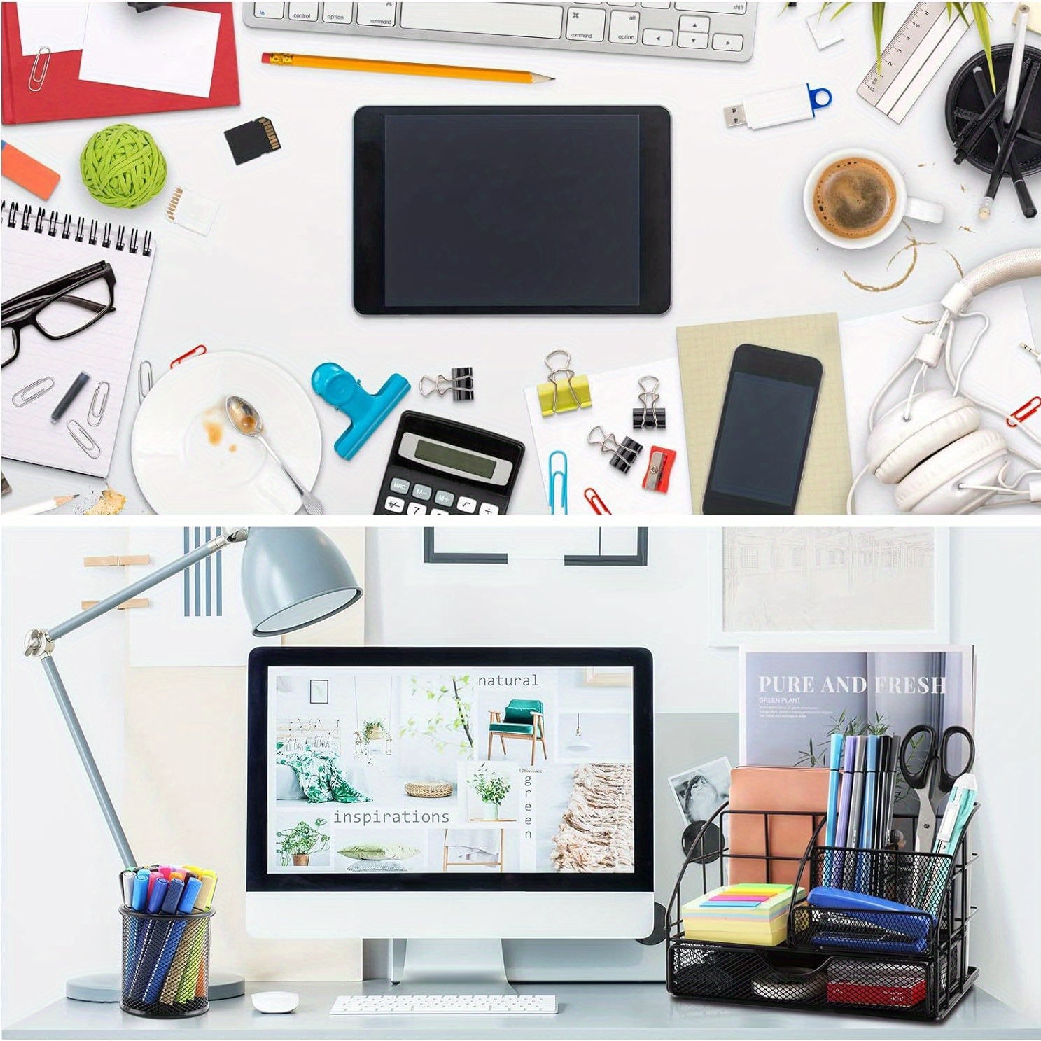 vedett Office Desk Organizer with 6 Compartments + Pen Holder/72 Accessories, Desk Accessories Organizers for Office, Home, School (Black)