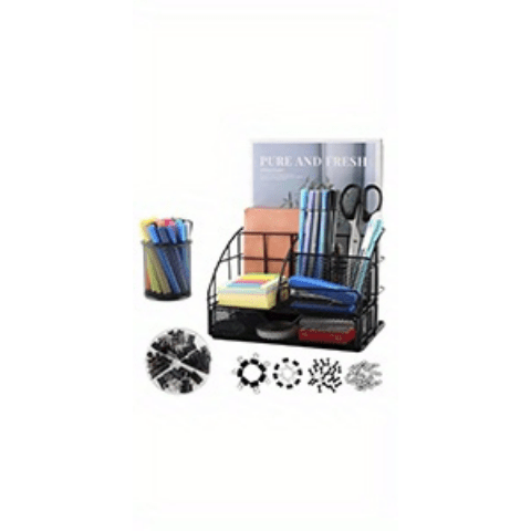 vedett Office Desk Organizer with 6 Compartments + Pen Holder/72 Accessories, Desk Accessories Organizers for Office, Home, School (Black)