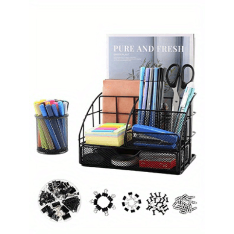 vedett Office Desk Organizer with 6 Compartments + Pen Holder/72 Accessories, Desk Accessories Organizers for Office, Home, School (Black)
