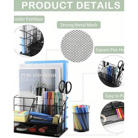 vedett Office Desk Organizer with 6 Compartments + Pen Holder/72 Accessories, Desk Accessories Organizers for Office, Home, School (Black)