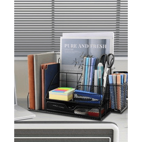 vedett Office Desk Organizer with 6 Compartments + Pen Holder/72 Accessories, Desk Accessories Organizers for Office, Home, School (Black)