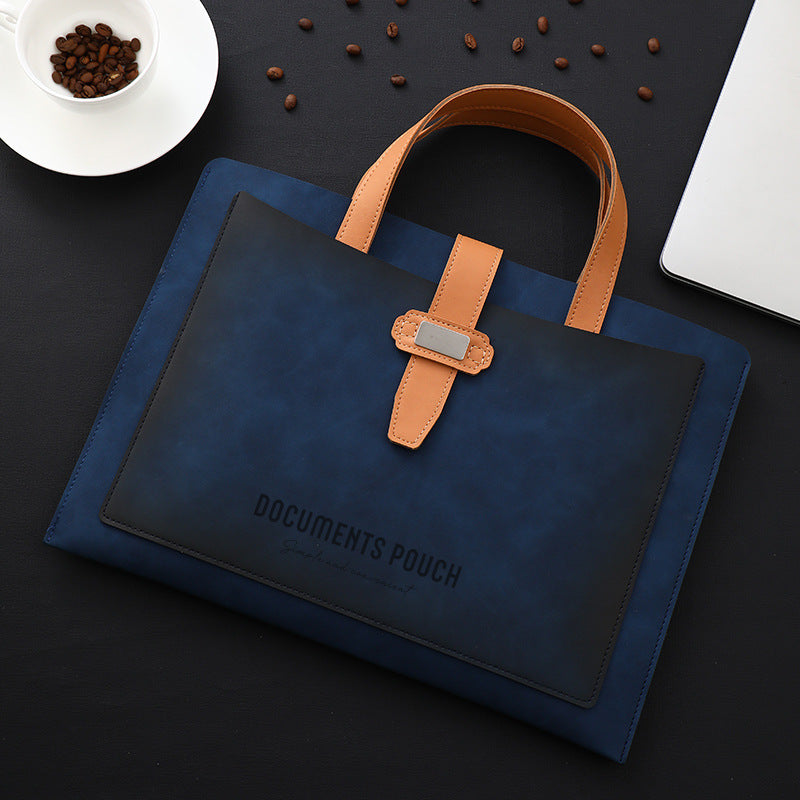 Vintage-Inspired Faux Leather Document Tote - Professional Business Briefcase in Deep Brown/Grey/Blue, Portable Office Organizer for Daily Use