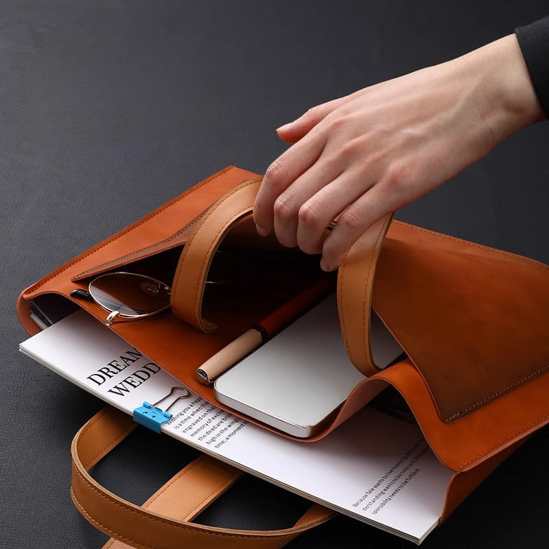 Vintage-Inspired Faux Leather Document Tote - Professional Business Briefcase in Deep Brown/Grey/Blue, Portable Office Organizer for Daily Use