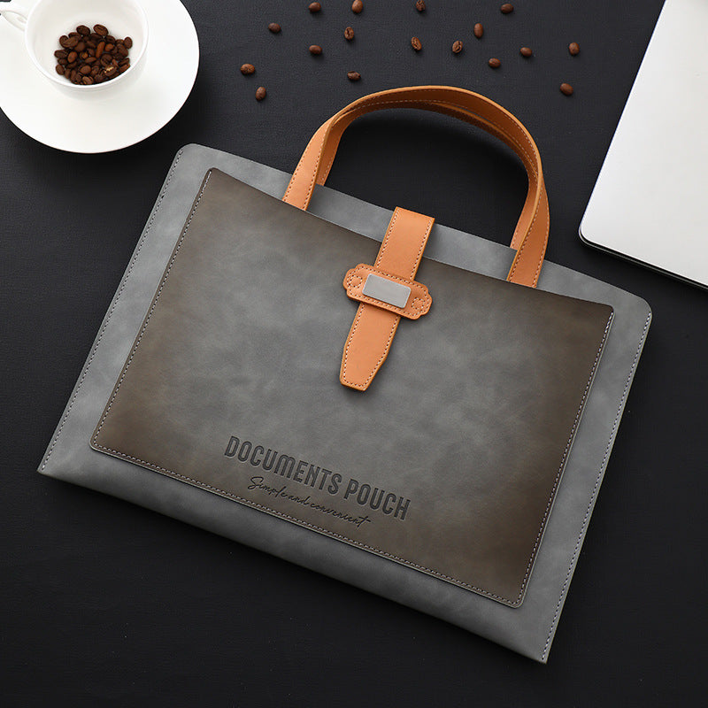 Vintage-Inspired Faux Leather Document Tote - Professional Business Briefcase in Deep Brown/Grey/Blue, Portable Office Organizer for Daily Use