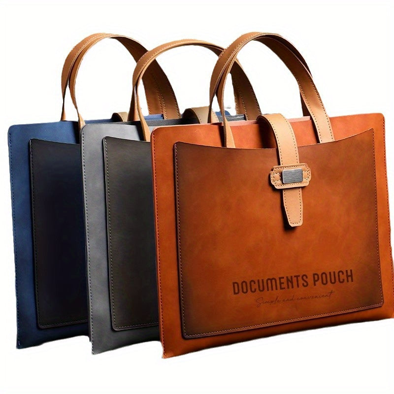 Vintage-Inspired Faux Leather Document Tote - Professional Business Briefcase in Deep Brown/Grey/Blue, Portable Office Organizer for Daily Use