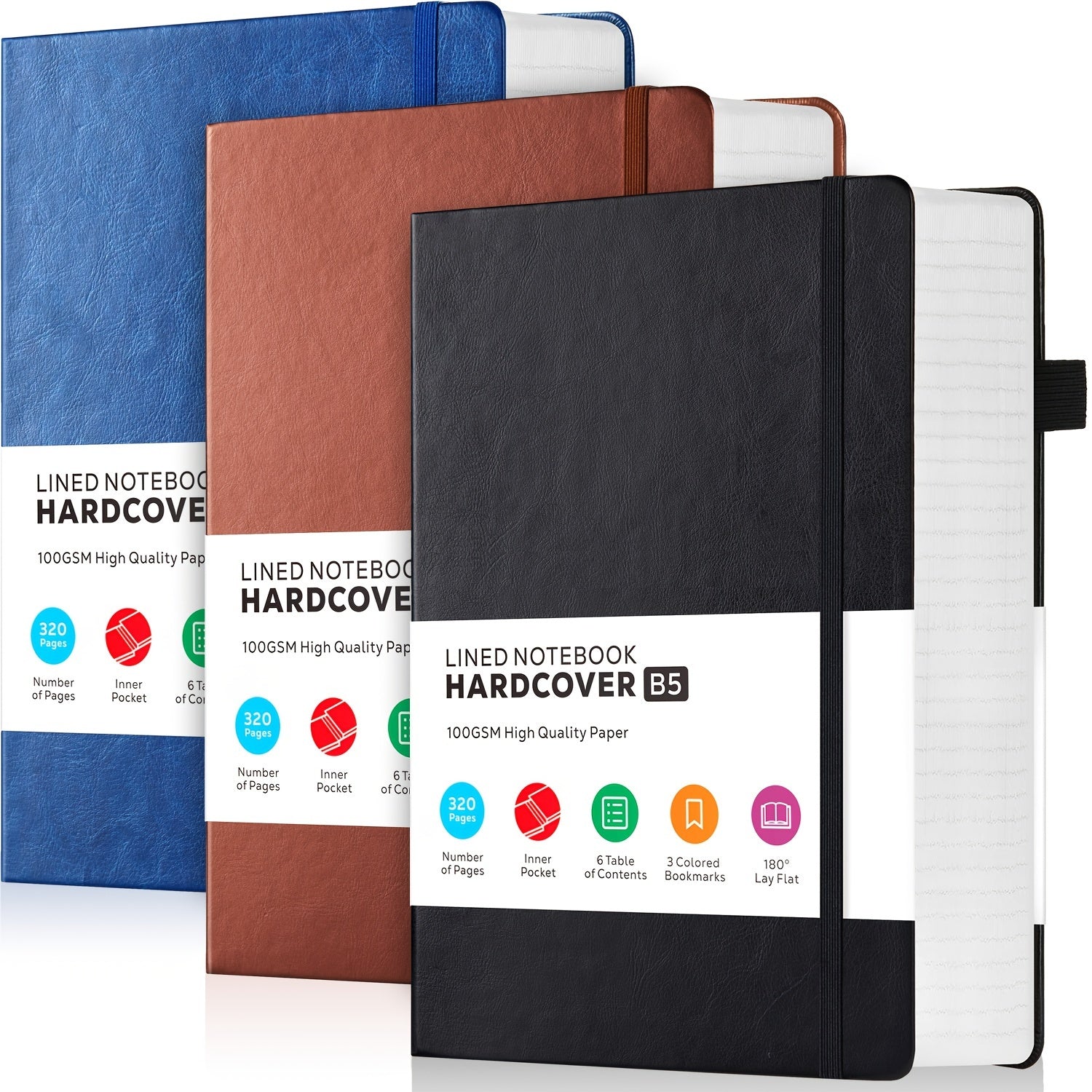3 Pack B5 Lined Leather Notebooks - Large 320 Pages Hardcover College Ruled Journal Set for Women and Men, Multicolor, 7.1 X 10in, Perfect for Work, School, Office, and Everyday Writing