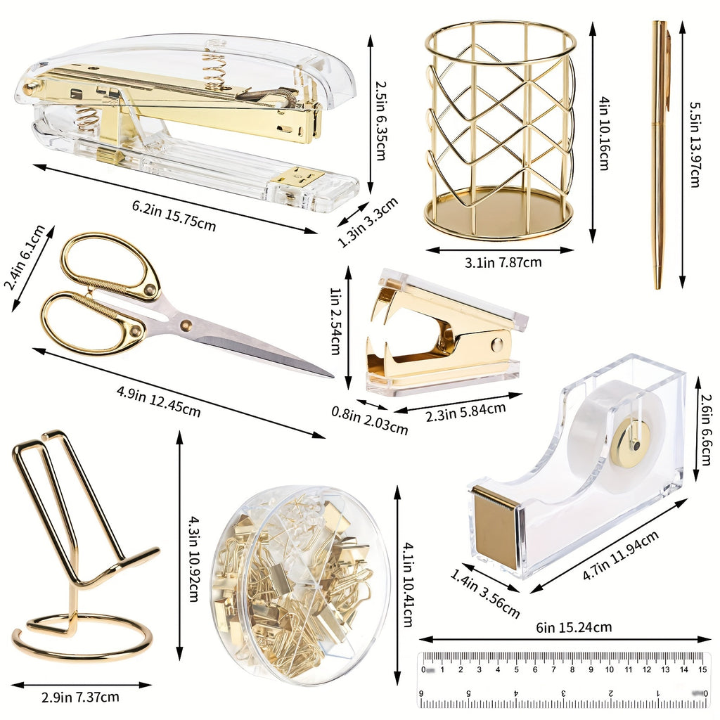 Office Supplies Set Desk Accessories, Acrylic Stapler Set Staple Remover, Phone Holder, Tape Holder, Pen Holder, 2 Ballpoint Pen, Scissor, Binder Clips, Ruler, Transparent Glue and Staples