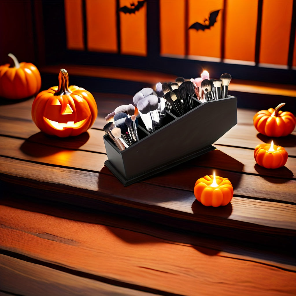 Gothic Coffin Makeup Brush Holder - Decorative Art Style, Durable Plastic, Perfect For Bedroom & Bathroom Decor, Kitchen Accessory Rack, Spooky Home Office Organizer