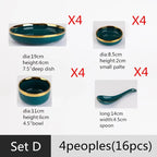 Luxury Forest Green Ceramic Dinnerware Set Include Shallow Plates Rice Soup Bowls Fish Dish And Spoon