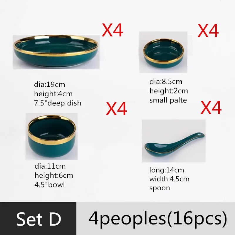 Luxury Forest Green Ceramic Dinnerware Set Include Shallow Plates Rice Soup Bowls Fish Dish And Spoon