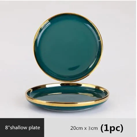 Luxury Forest Green Ceramic Dinnerware Set Include Shallow Plates Rice Soup Bowls Fish Dish And Spoon