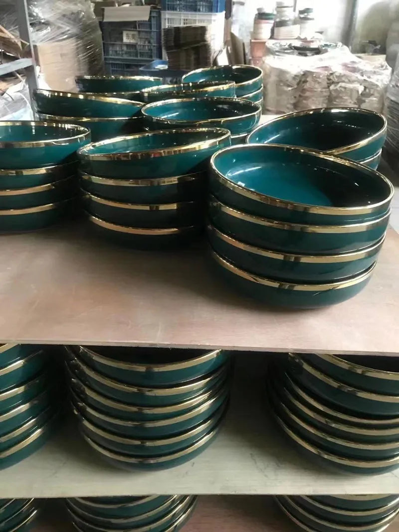 Luxury Forest Green Ceramic Dinnerware Set Include Shallow Plates Rice Soup Bowls Fish Dish And Spoon