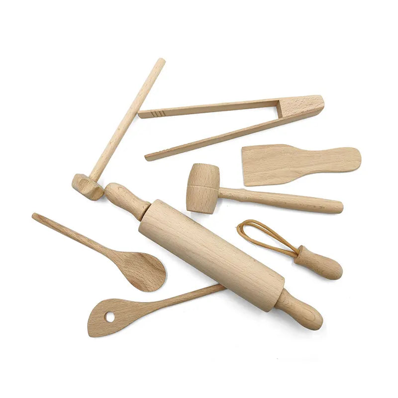 Children Wooden Kitchen Utensils Pretend Kitchen Toy Simulation Beech Wooden Spoon Shovel Egg Beater Clip Pretend Kitchen Set