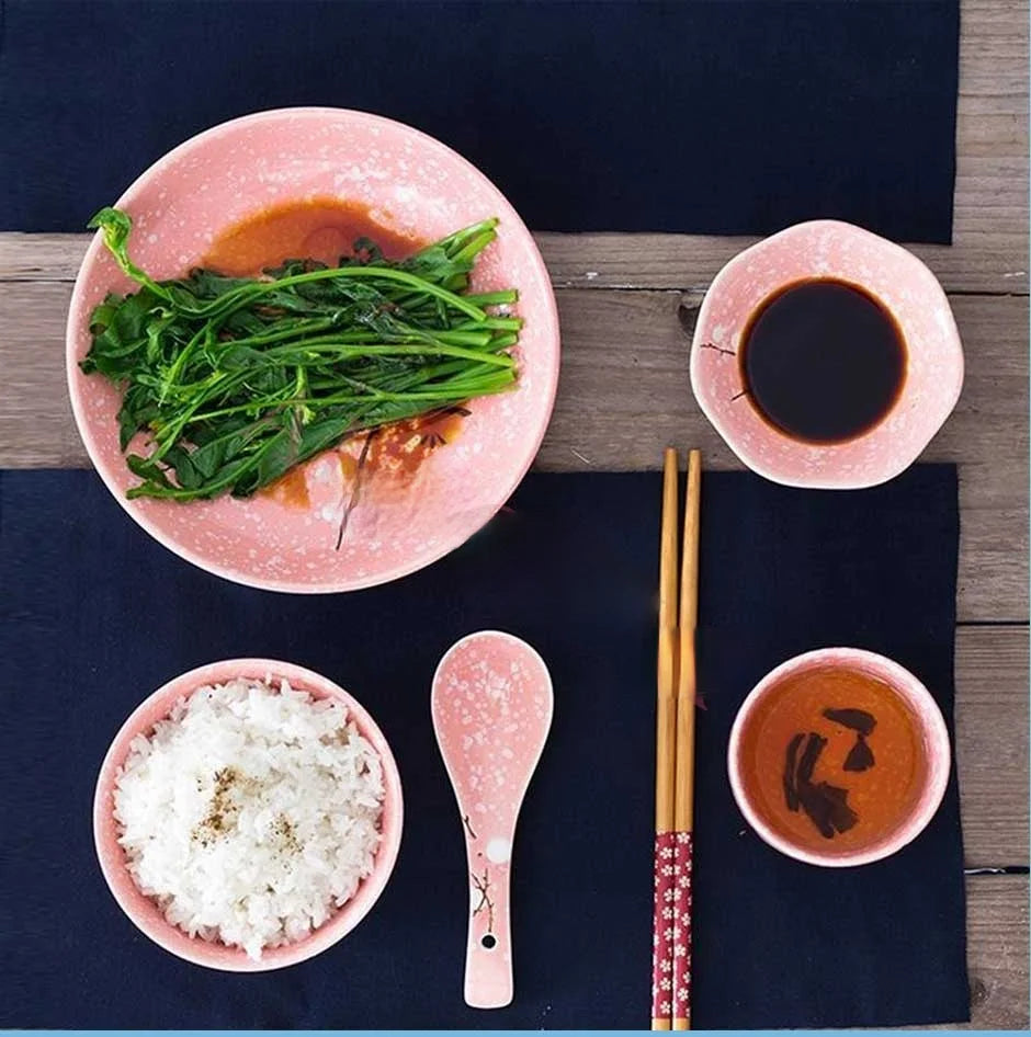 6-Piece Set Japanese Rice Bowl Dishes, Chopsticks, Spoon Ceramic Tableware Household Single Food