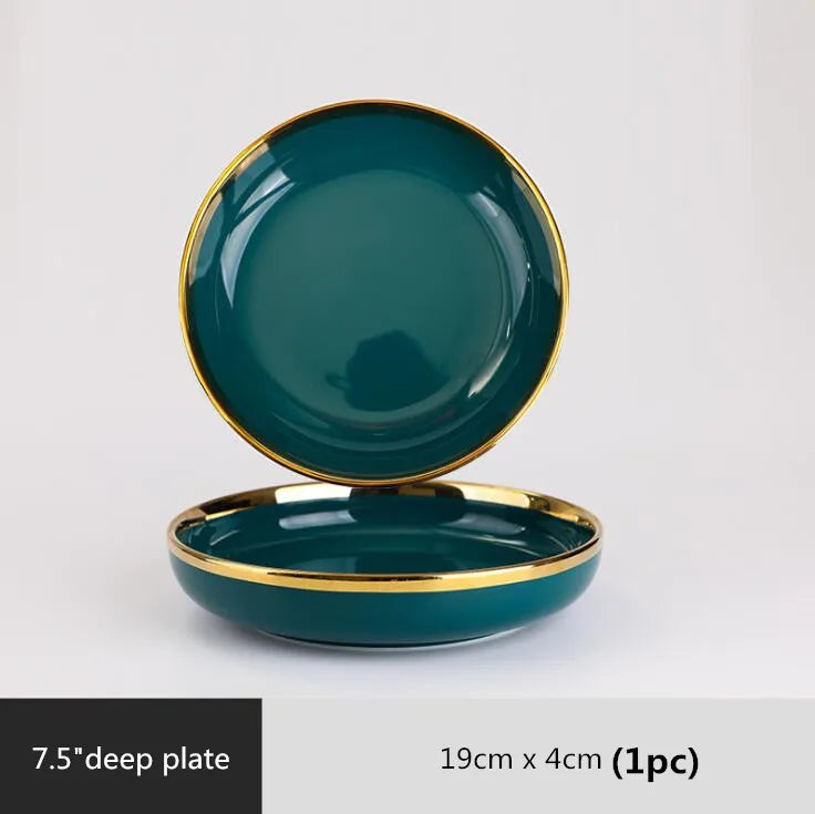 Luxury Forest Green Ceramic Dinnerware Set Include Shallow Plates Rice Soup Bowls Fish Dish And Spoon