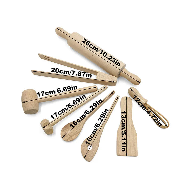 Children Wooden Kitchen Utensils Pretend Kitchen Toy Simulation Beech Wooden Spoon Shovel Egg Beater Clip Pretend Kitchen Set