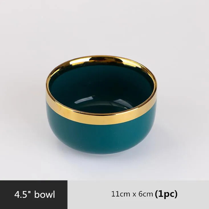 Luxury Forest Green Ceramic Dinnerware Set Include Shallow Plates Rice Soup Bowls Fish Dish And Spoon