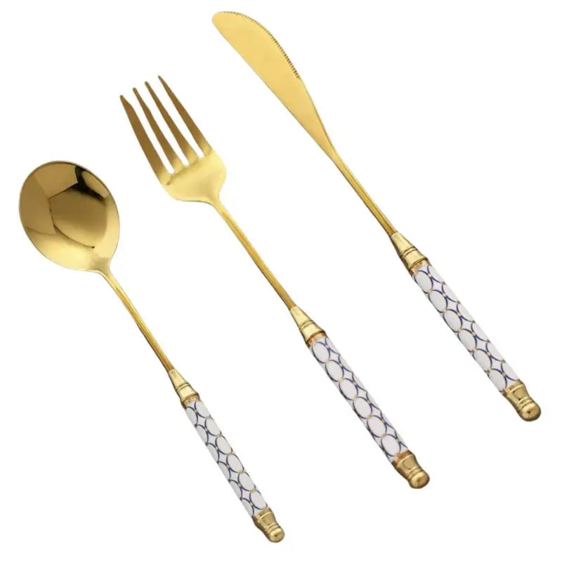 Kitchen Gold-plated Cutlery Set Dessert Forks Knives Spoons Set Elegant Design Ceramic Dinnerware For Home Restaurant Canteen