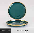Luxury Forest Green Ceramic Dinnerware Set Include Shallow Plates Rice Soup Bowls Fish Dish And Spoon