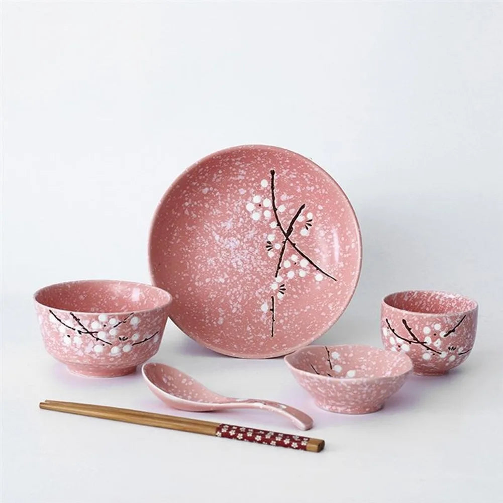 6-Piece Set Japanese Rice Bowl Dishes, Chopsticks, Spoon Ceramic Tableware Household Single Food