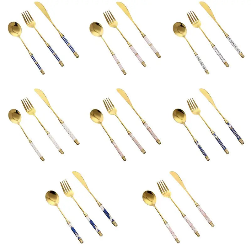 Kitchen Gold-plated Cutlery Set Dessert Forks Knives Spoons Set Elegant Design Ceramic Dinnerware For Home Restaurant Canteen
