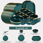 Luxury Forest Green Ceramic Dinnerware Set Include Shallow Plates Rice Soup Bowls Fish Dish And Spoon