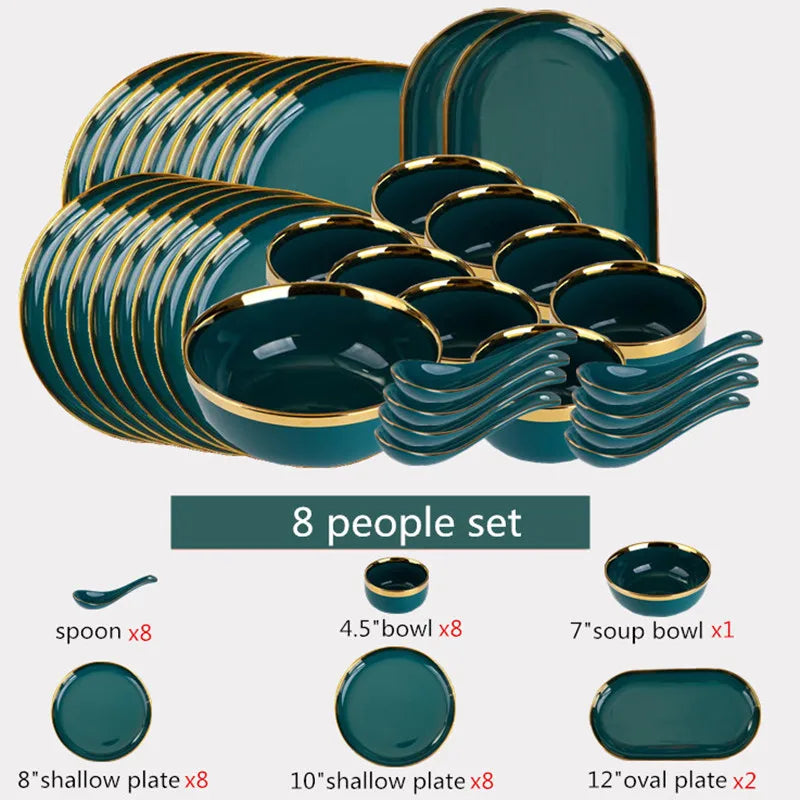Luxury Forest Green Ceramic Dinnerware Set Include Shallow Plates Rice Soup Bowls Fish Dish And Spoon