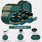 Luxury Forest Green Ceramic Dinnerware Set Include Shallow Plates Rice Soup Bowls Fish Dish And Spoon