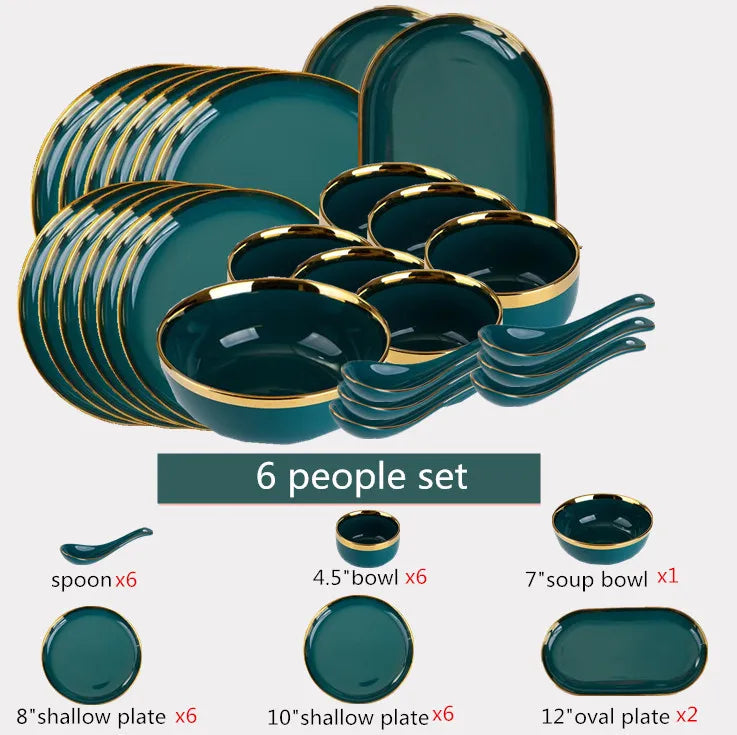 Luxury Forest Green Ceramic Dinnerware Set Include Shallow Plates Rice Soup Bowls Fish Dish And Spoon