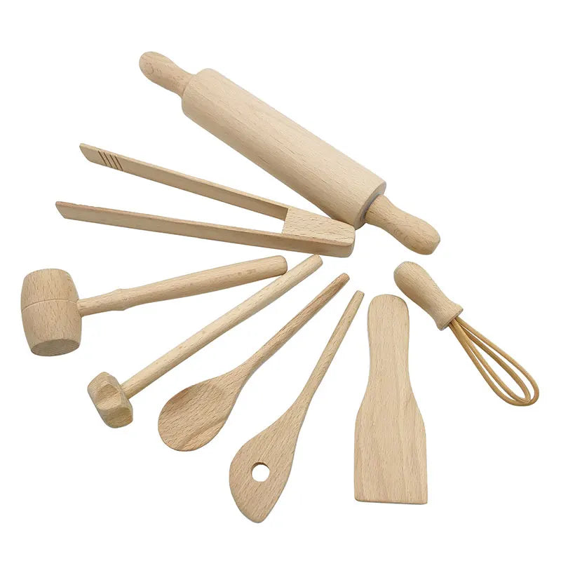 Children Wooden Kitchen Utensils Pretend Kitchen Toy Simulation Beech Wooden Spoon Shovel Egg Beater Clip Pretend Kitchen Set
