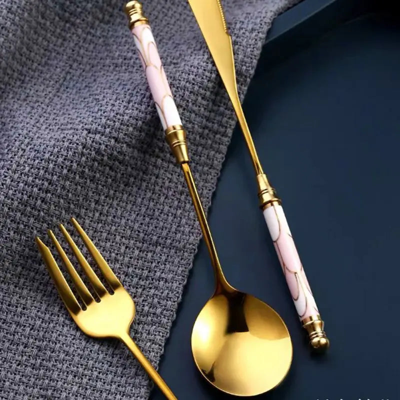 Kitchen Gold-plated Cutlery Set Dessert Forks Knives Spoons Set Elegant Design Ceramic Dinnerware For Home Restaurant Canteen