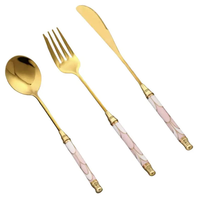 Kitchen Gold-plated Cutlery Set Dessert Forks Knives Spoons Set Elegant Design Ceramic Dinnerware For Home Restaurant Canteen