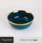 Luxury Forest Green Ceramic Dinnerware Set Include Shallow Plates Rice Soup Bowls Fish Dish And Spoon