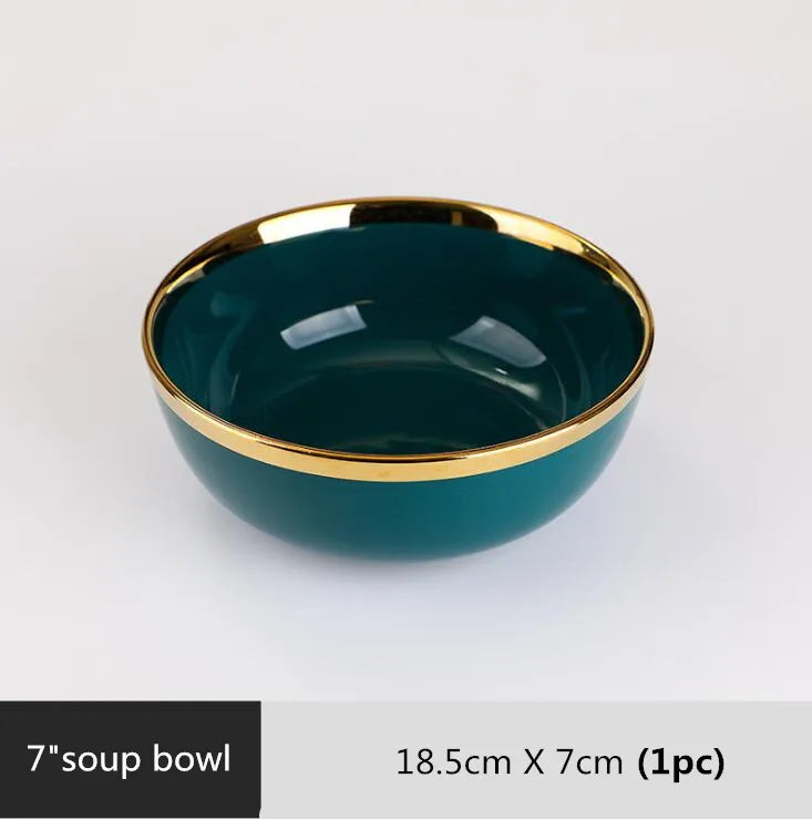 Luxury Forest Green Ceramic Dinnerware Set Include Shallow Plates Rice Soup Bowls Fish Dish And Spoon