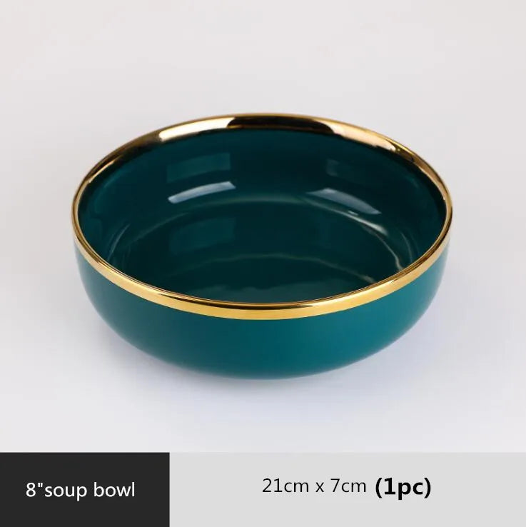 Luxury Forest Green Ceramic Dinnerware Set Include Shallow Plates Rice Soup Bowls Fish Dish And Spoon
