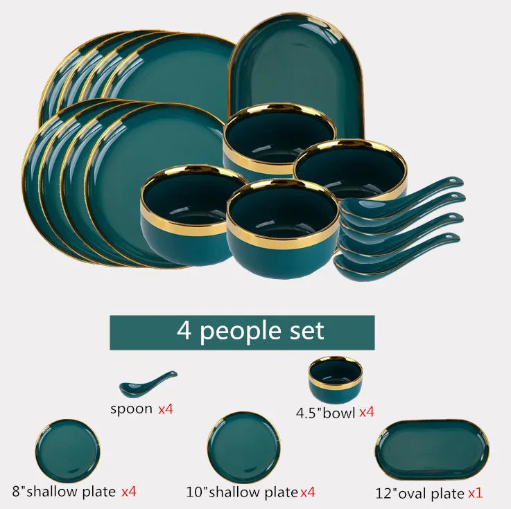 Luxury Forest Green Ceramic Dinnerware Set Include Shallow Plates Rice Soup Bowls Fish Dish And Spoon