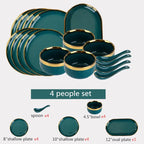 Luxury Forest Green Ceramic Dinnerware Set Include Shallow Plates Rice Soup Bowls Fish Dish And Spoon