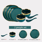 Luxury Forest Green Ceramic Dinnerware Set Include Shallow Plates Rice Soup Bowls Fish Dish And Spoon
