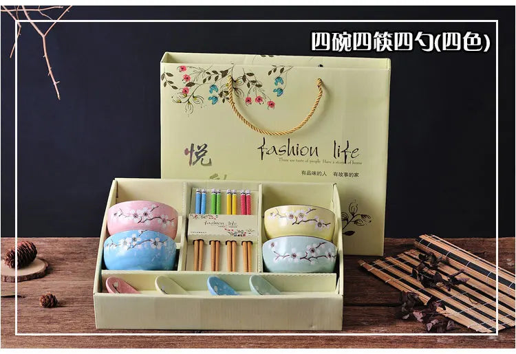 Creative ceramic bowl household tableware  4 bowls chinese gift dinnerware set tableware gift boxes wedding