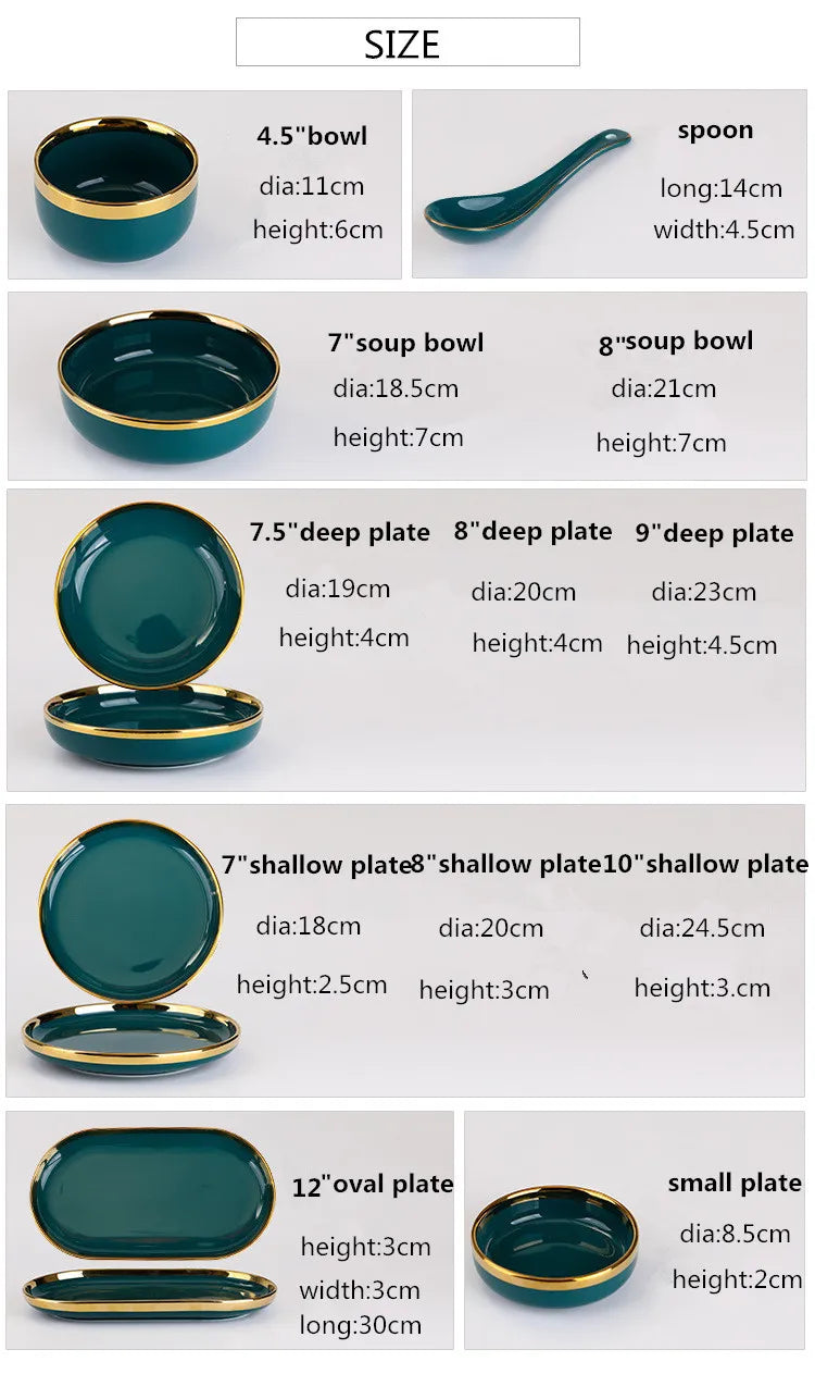 Luxury Forest Green Ceramic Dinnerware Set Include Shallow Plates Rice Soup Bowls Fish Dish And Spoon