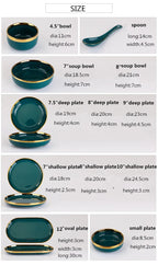 Luxury Forest Green Ceramic Dinnerware Set Include Shallow Plates Rice Soup Bowls Fish Dish And Spoon