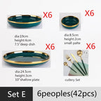 Luxury Forest Green Ceramic Dinnerware Set Include Shallow Plates Rice Soup Bowls Fish Dish And Spoon