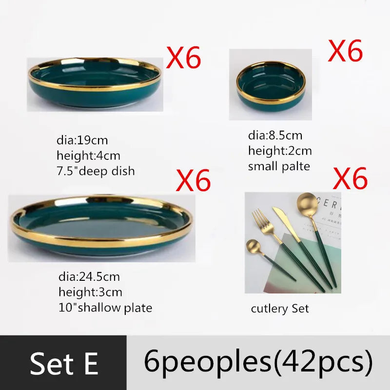 Luxury Forest Green Ceramic Dinnerware Set Include Shallow Plates Rice Soup Bowls Fish Dish And Spoon