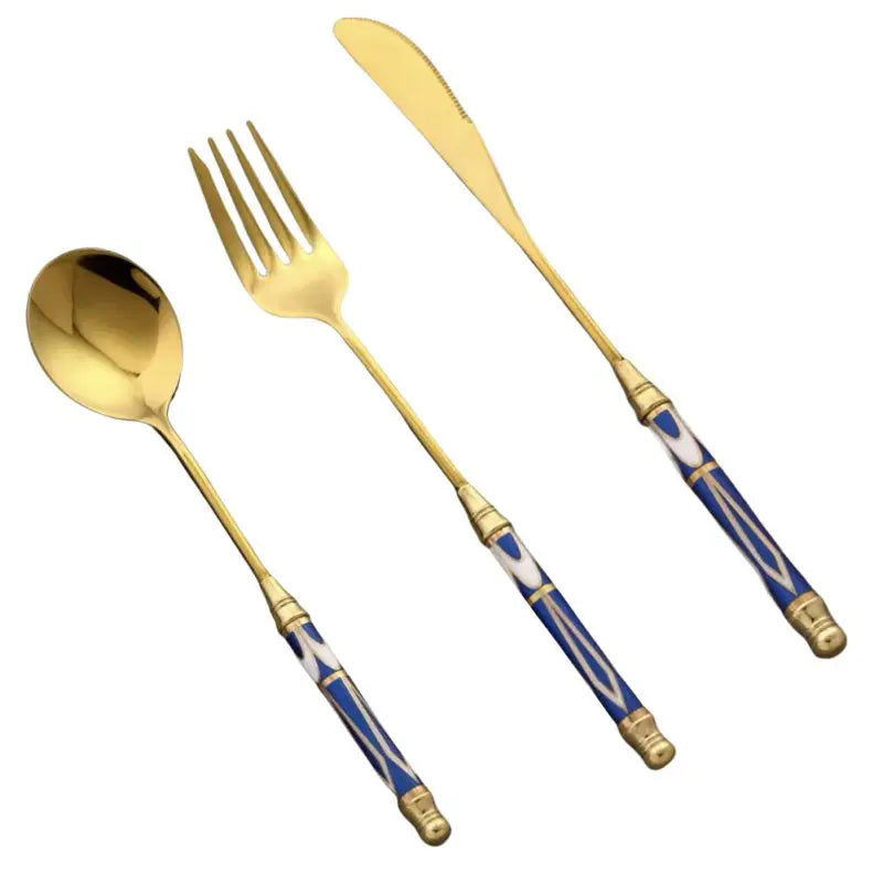 Kitchen Gold-plated Cutlery Set Dessert Forks Knives Spoons Set Elegant Design Ceramic Dinnerware For Home Restaurant Canteen
